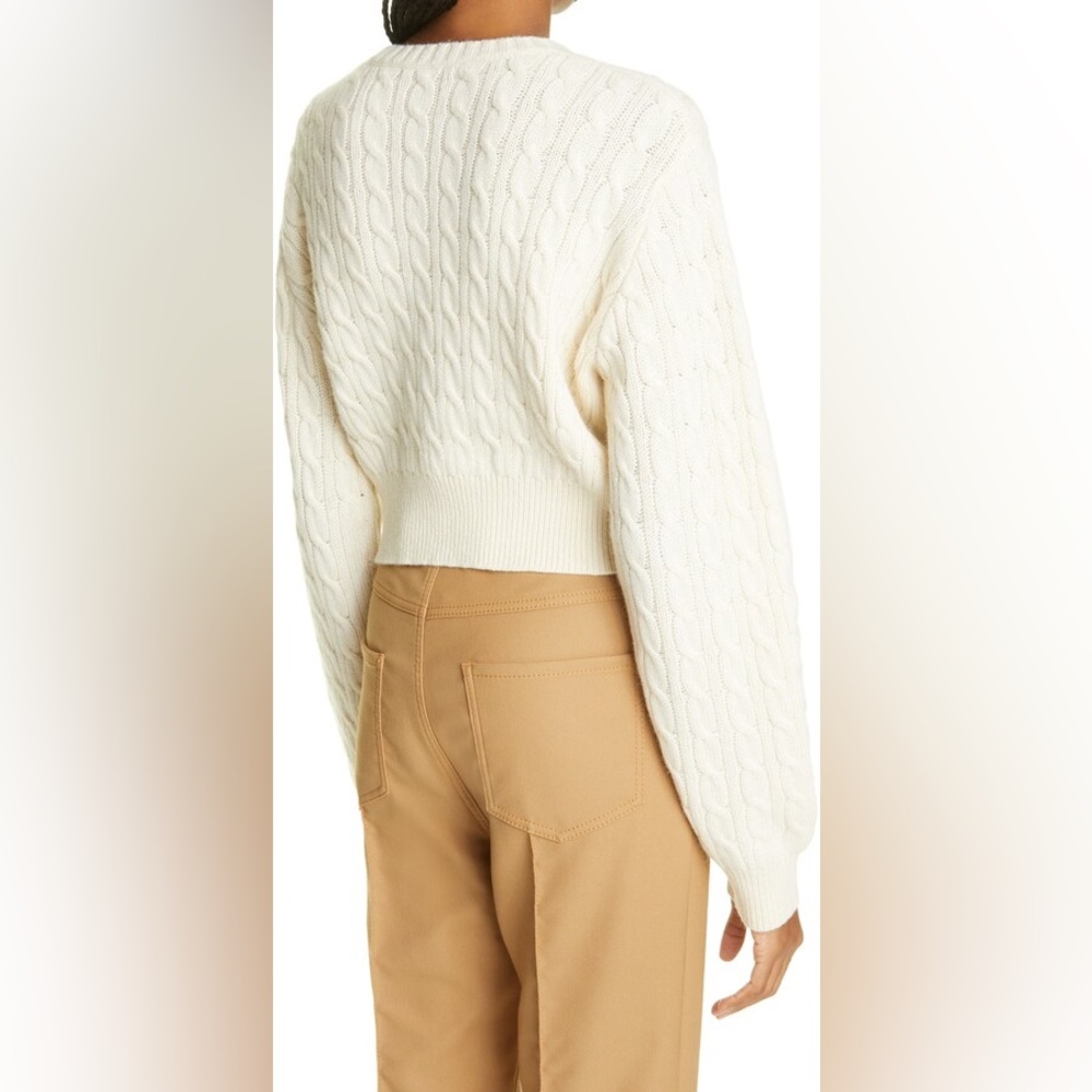 Sandy Liang Floral Embroidered Cable Knit Crop Half Sweater in Panna Cotta, S - Picture 9 of 9